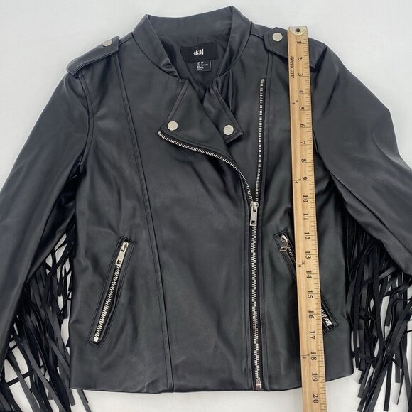 H&M Size 4 Black Faux Leather Brando Style Jacket With Fringes Western Boho - Picture 9 of 12